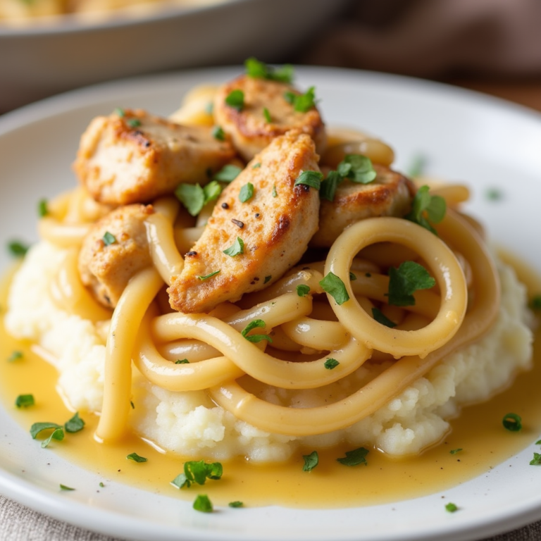 chicken and noodles over mashed potatoes