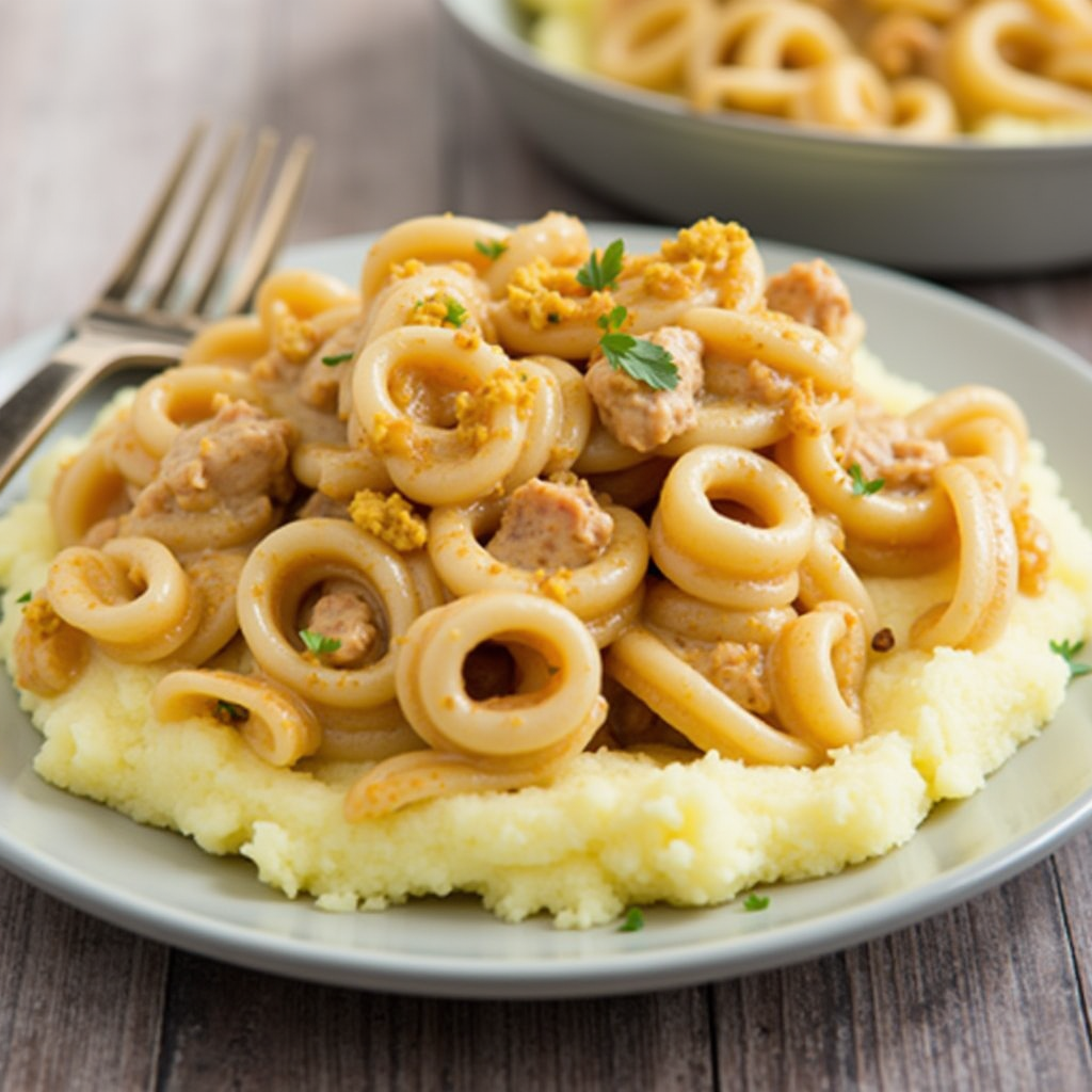 chicken and noodles over mashed potatoes