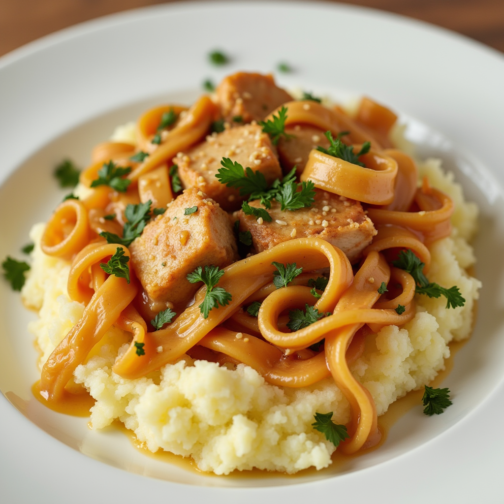 chicken and noodles over mashed potatoes