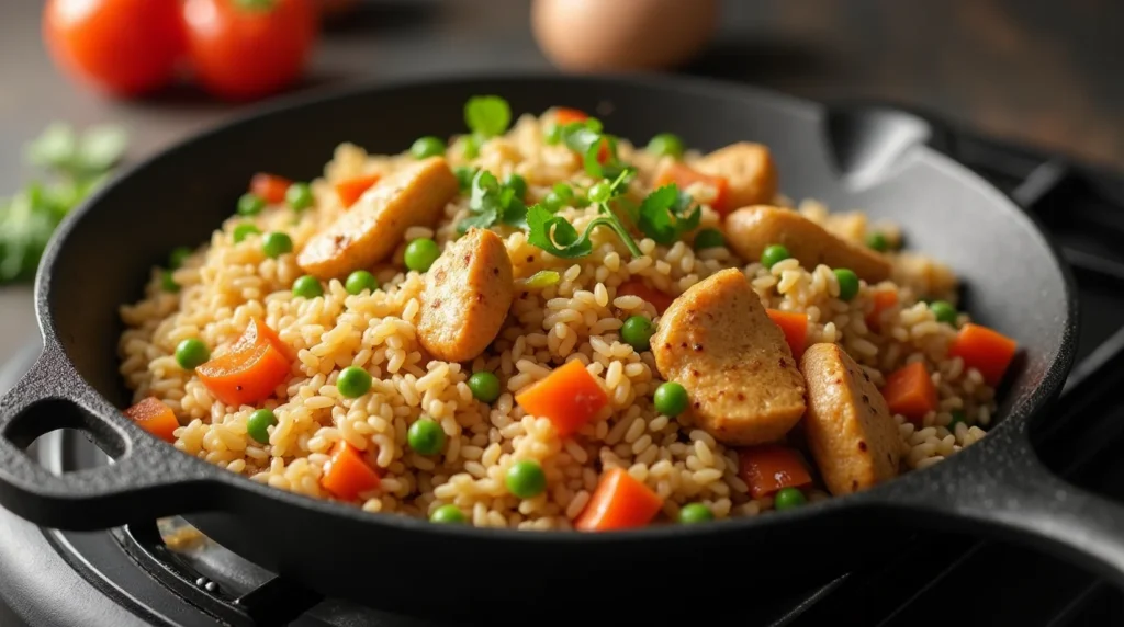 chicken fried rice on a blackstone