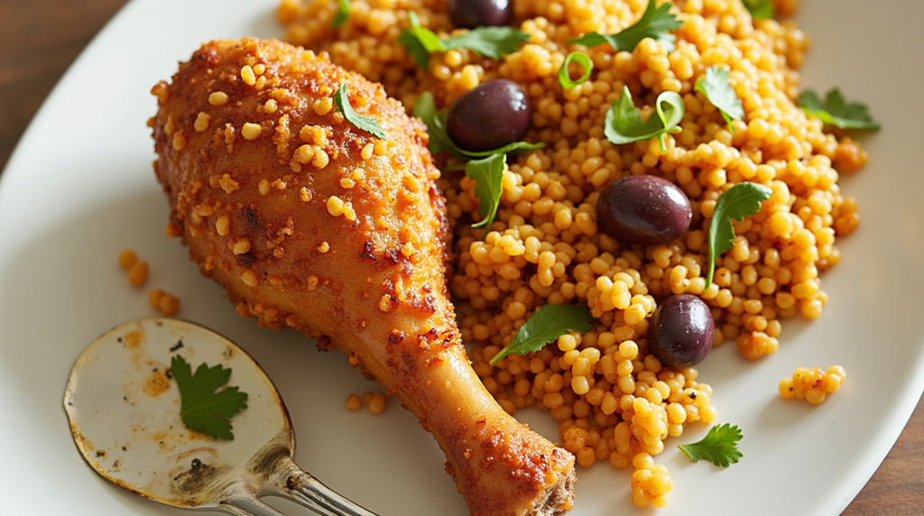 Crispy Chicken Leg with Couscous and Olives