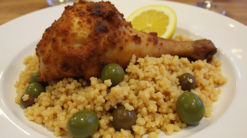 Crispy Chicken Leg Confit with Couscous and Olives