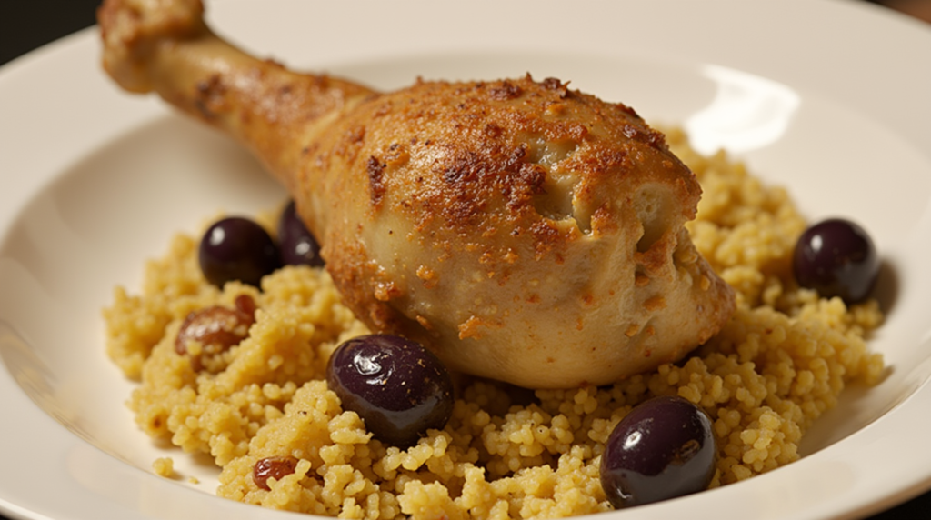 Crispy Chicken Leg Confit with Couscous and Olives